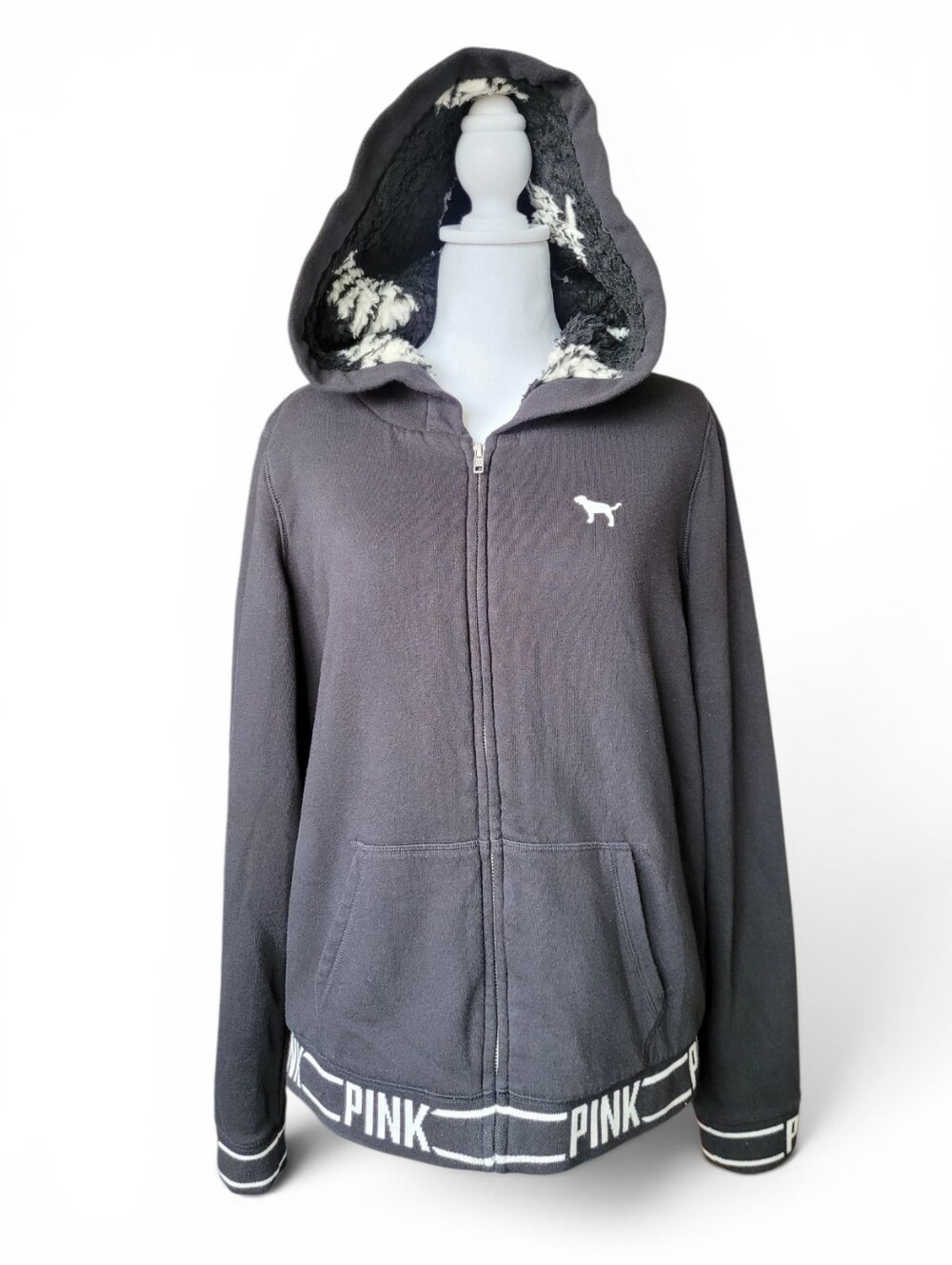 PINK Victoria's Secret Fur Lined Full Zip Hoodie Y2K Black large
